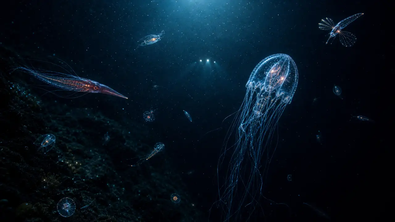 Learn how deep sea creatures adapt to darkness, pressure, scarce food, bioluminescence, and the layered habitats of the abyss. Includes methods and related r.