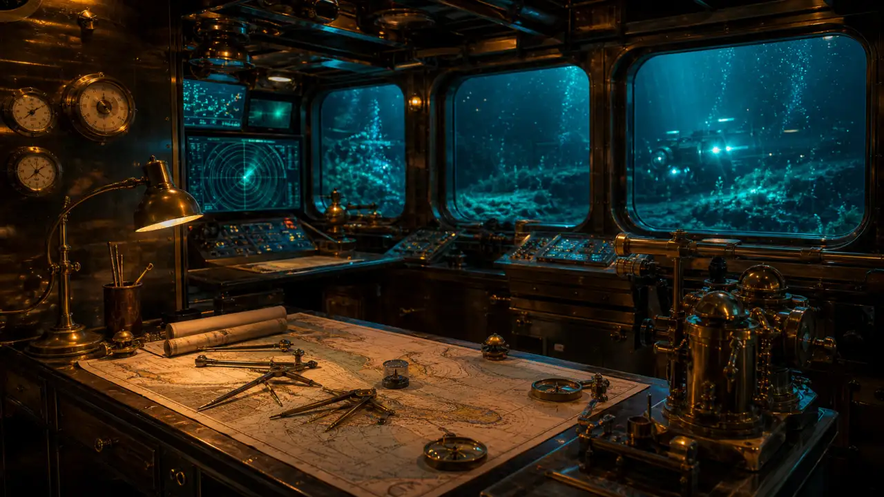 Cinematic deep ocean research archive with glowing sonar screens and brass instruments